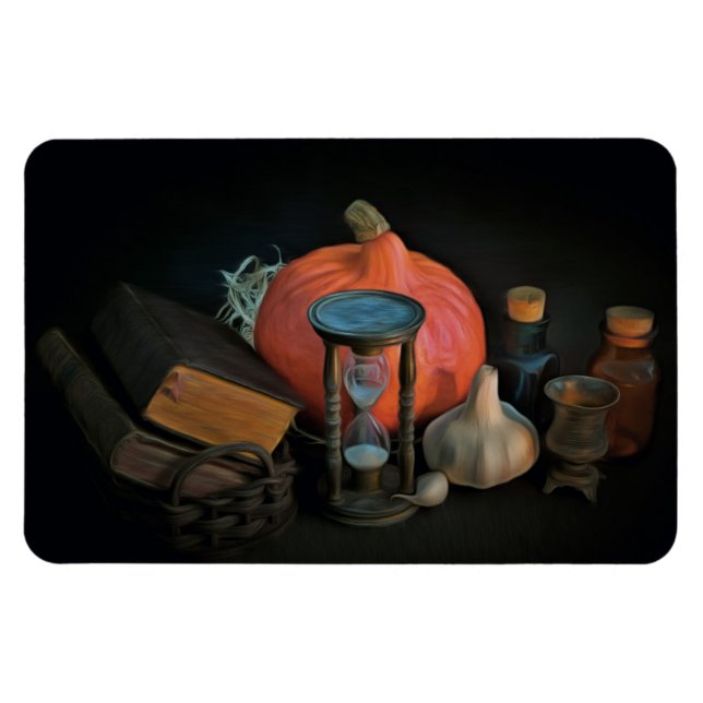Witchery objects on a table in a dark room magnet (Horizontal)
