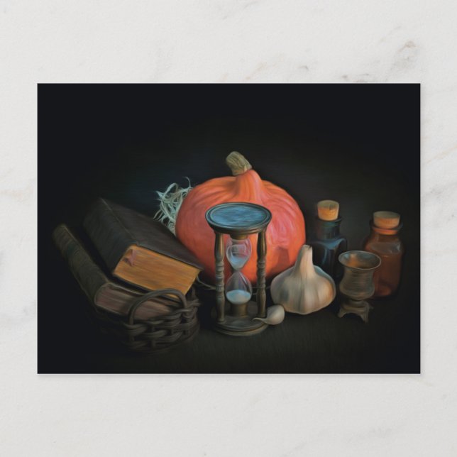 Witchery objects on a table in a dark room postcard (Front)