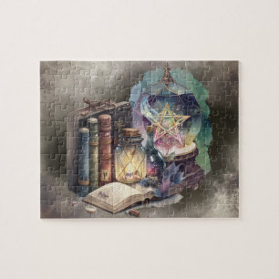 Witchery   Pastel Spellbook Tomes and Crystal Ball Jigsaw Puzzle