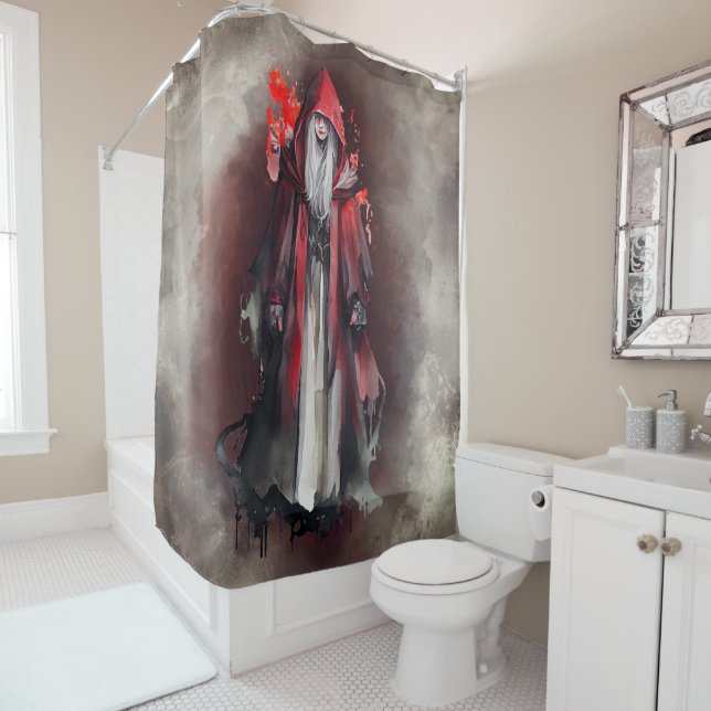 Witchery | Red Witch with Dark Evil Gothic Shadows Shower Curtain (In Situ)