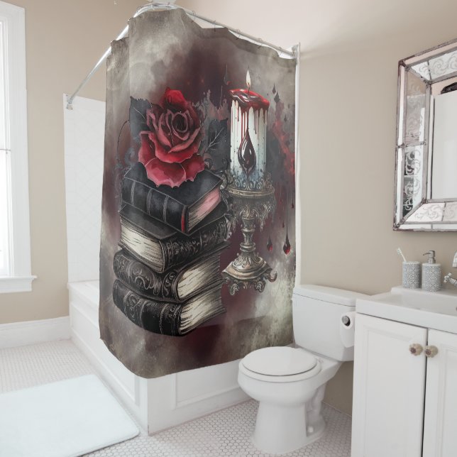 Witchery | Spellbook Tomes and Skull Candle Shower Curtain (In Situ)