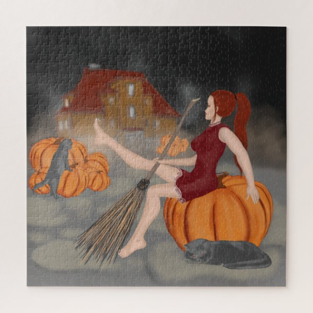Witches and cats on the Halloween Jigsaw Puzzle (Vertical)