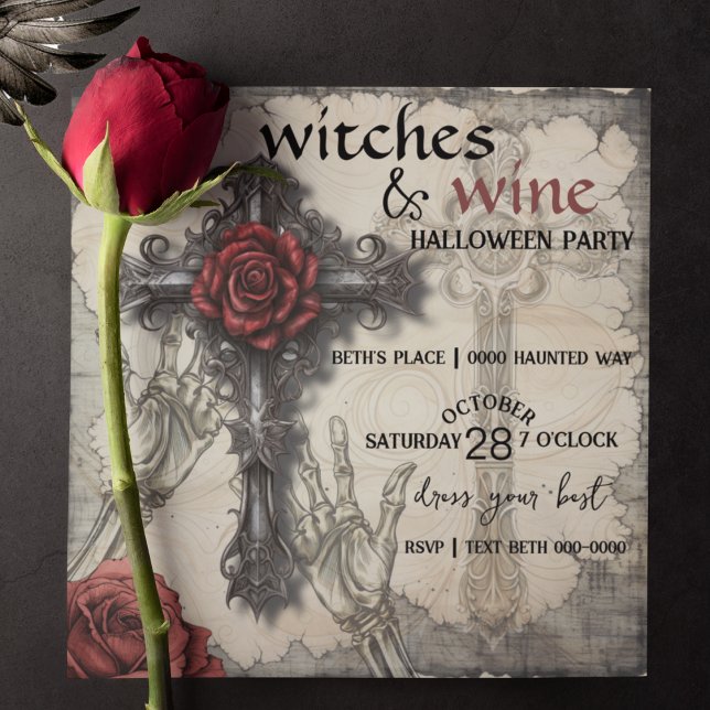 Witches and Wine Halloween Party (Halloween party witches and wine with celtic cross and red rose Victorian style and customizable. )