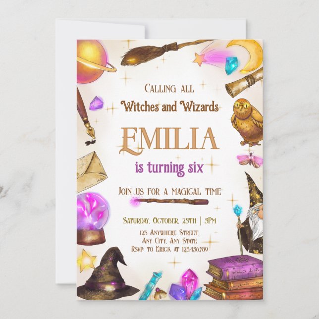 Witches and Wizards Girl Birthday Magical Party Invitation (Front)