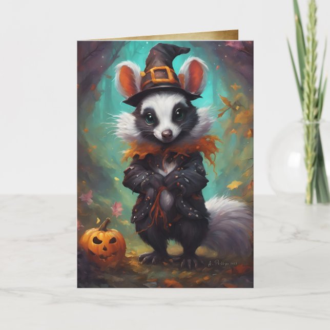 Witches are seen, Cute Skunk Witch, Halloween Card (Front)