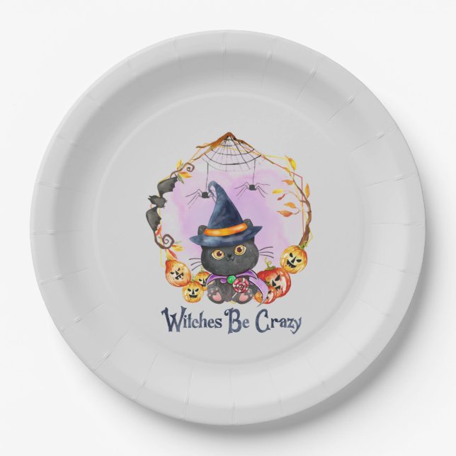 Witches Be Crazy – Witch Black Cat Paper Plate (Front)