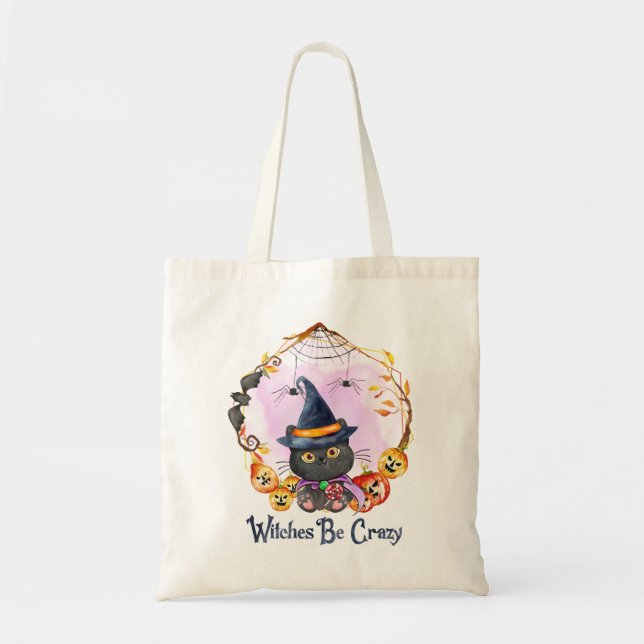 Witches Be Crazy – Witch Black Cat Tote Bag (Front)