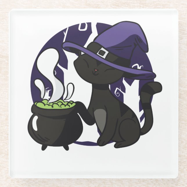 Witches Black Cat Adorable Halloween Glass Coaster (Front)