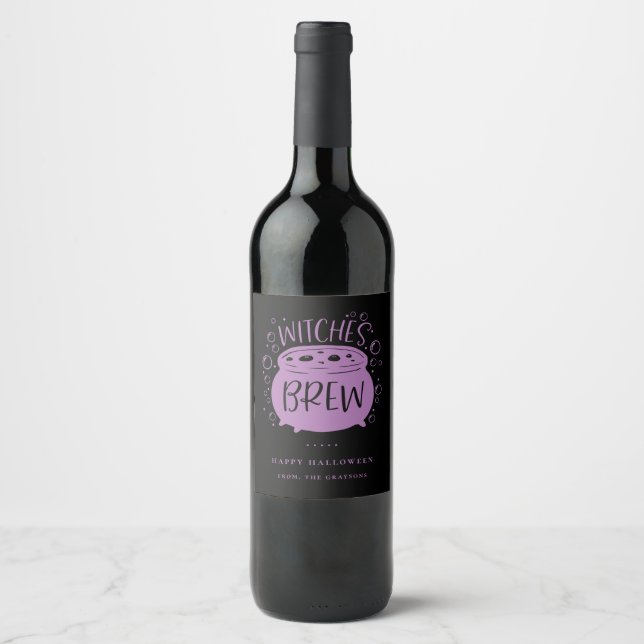 Witches Brew Black/Purple Halloween Wine Label (Front)