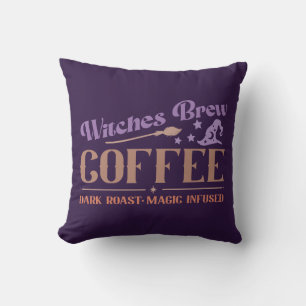 Witches Brew Coffee Witch's Hat Purple Halloween Cushion