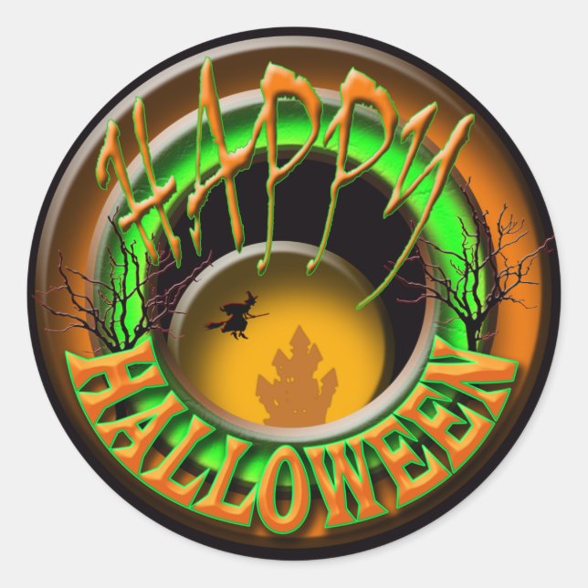 Witches castle Halloween greeting Classic Round Sticker (Front)