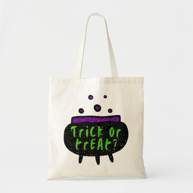 Witches Cauldron Halloween Trick Or Treat Glitter Tote Bag (Front)