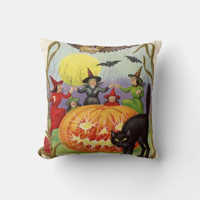 Witches Dancing Around Jack O' Lantern Cushion (Front)