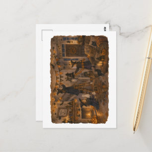 Witches Decorating Halloween Living Room for Cosy Postcard