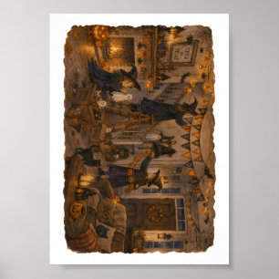 Witches Decorating Halloween Living Room for Cosy Poster