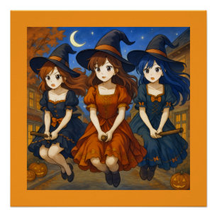 Witches flying on the brooms poster