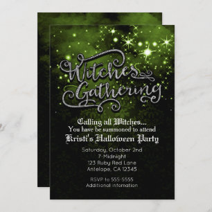 Witches Gathering Green & Black Damask Invitation