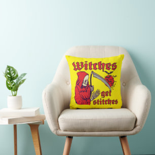 WITCHES GET STITCHES funny scary halloween Cushion
