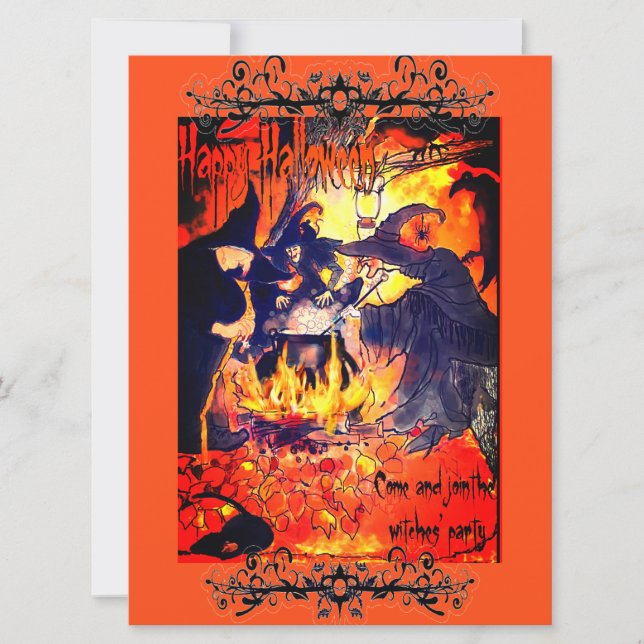 Witches Halloween Party Art Cauldron Vultures Invitation (Front)