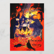 Witches Halloween Party Art Cauldron Vultures Tree