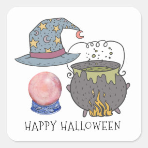 Witches Hat Cauldron Crystal Ball Halloween Square Sticker