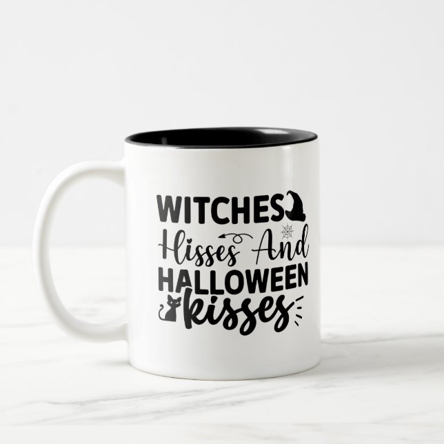 Witches Hisses And Halloween Kisses Two-Tone Coffee Mug (Left)