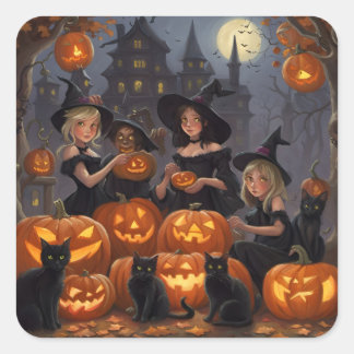 Witches, Jack o Lanterns, Black Cats, Halloween  Square Sticker