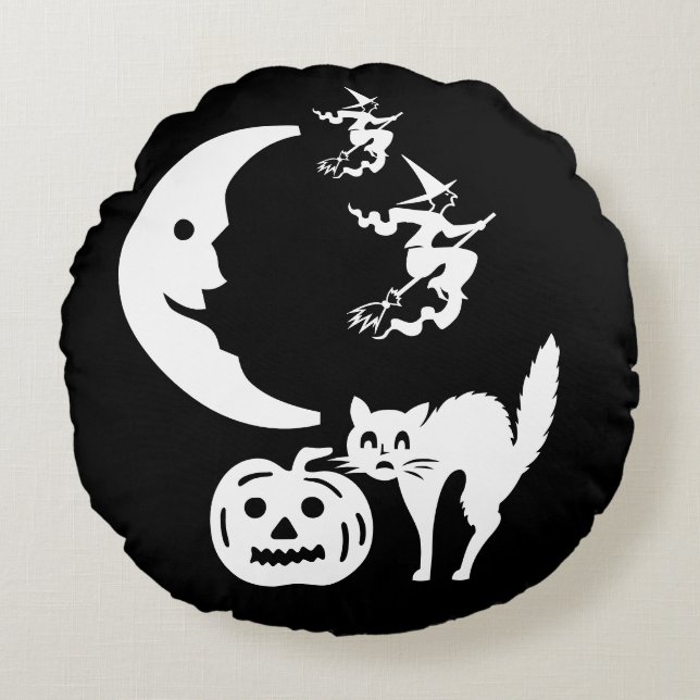 Witches & Moon & Cat & Pumpkin & Ghosts Pillow (Front)