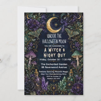 Witches Night Out Halloween Moon Botanical Party Invitation