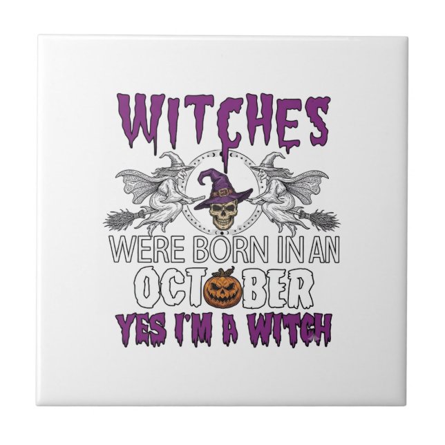 Witches October Halloween Skull Witch Hat Pumpkin_ Ceramic Tile (Front)
