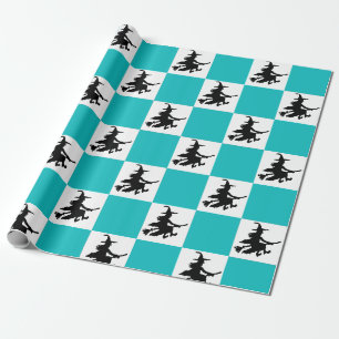 Witches on Teal & White Chequered Wrapping Paper