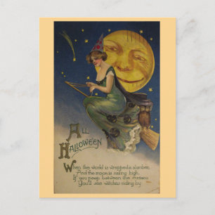 Witches Riding By Vintage Halloween Postcard