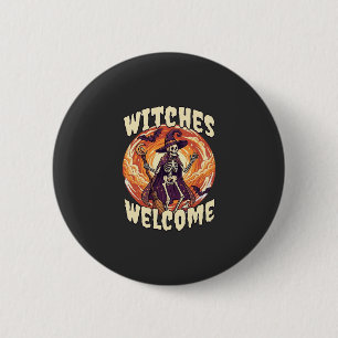Witches Welcome Halloween Skeleton Witch Broom Bat 6 Cm Round Badge