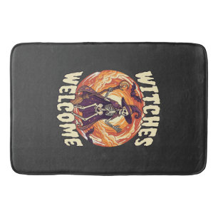 Witches Welcome Halloween Skeleton Witch Broom Bat Bath Mat