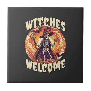 Witches Welcome Halloween Skeleton Witch Broom Bat Ceramic Tile