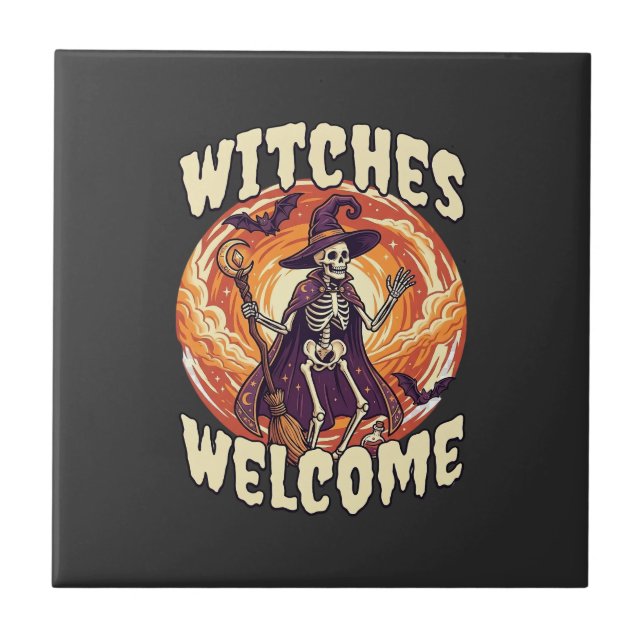 Witches Welcome Halloween Skeleton Witch Broom Bat Ceramic Tile (Front)