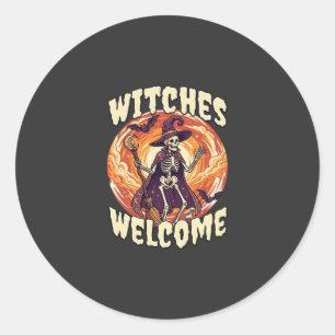 Witches Welcome Halloween Skeleton Witch Broom Bat Classic Round Sticker