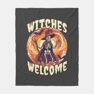 Witches Welcome Halloween Skeleton Witch Broom Bat Fleece Blanket