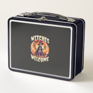 Witches Welcome Halloween Skeleton Witch Broom Bat Metal Lunch Box