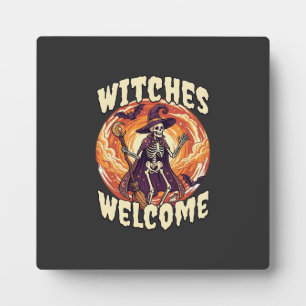Witches Welcome Halloween Skeleton Witch Broom Bat Plaque