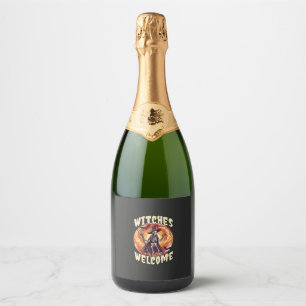 Witches Welcome Halloween Skeleton Witch Broom Bat Sparkling Wine Label