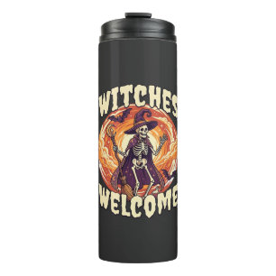 Witches Welcome Halloween Skeleton Witch Broom Bat Thermal Tumbler
