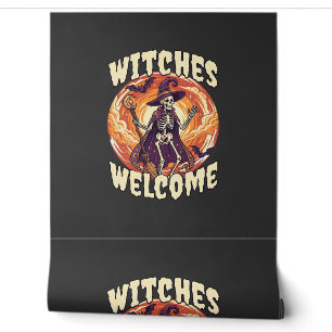 Witches Welcome Halloween Skeleton Witch Broom Bat Wallpaper