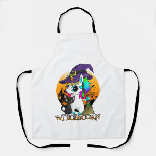 Witchicorn Unicorn Witch Halloween Black Cat Orang Apron