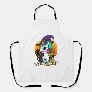 Witchicorn Unicorn Witch Halloween Black Cat Orang Apron