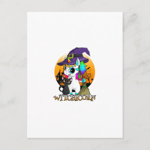 Witchicorn Unicorn Witch Halloween Black Cat Orang Postcard