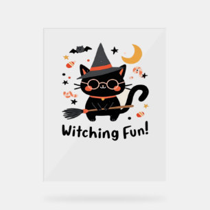 Witching Fun Black Cat with Broom – Cute Halloween Acrylic Sign