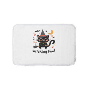 Witching Fun Black Cat with Broom – Cute Halloween Bath Mat