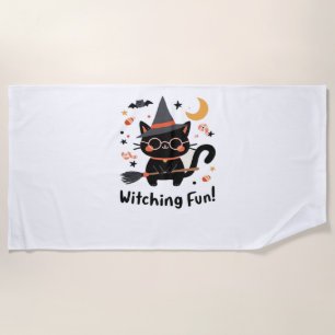 Witching Fun Black Cat with Broom – Cute Halloween Beach Towel