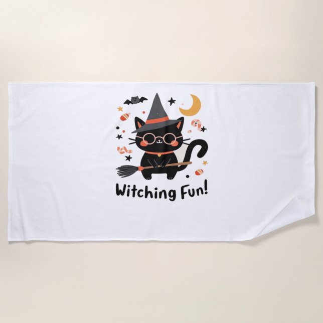 Witching Fun Black Cat with Broom – Cute Halloween Beach Towel (Front)